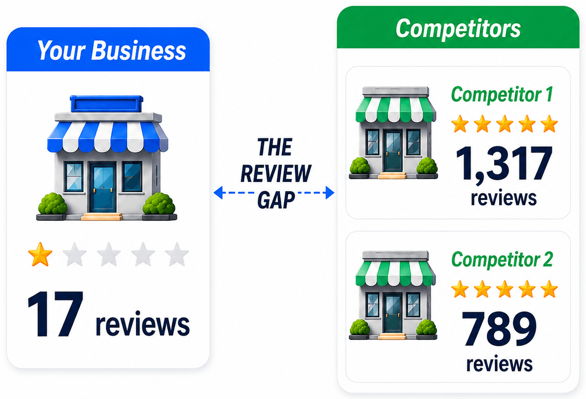 Your business with 17 reviews compared with competitors that have 1,317 and 789 reviews